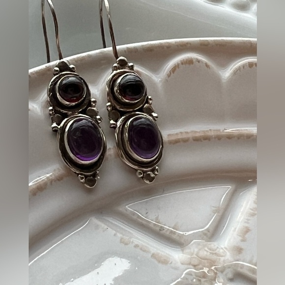 925 Sterling Silver Jewelry - Dangle Earrings Vintage Sterling Silver Purple Cabochon Stones